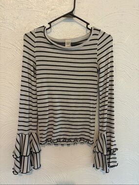 We The Free Navy Blue and White Striped Ruffle Sleeve Long-Sleeve Top